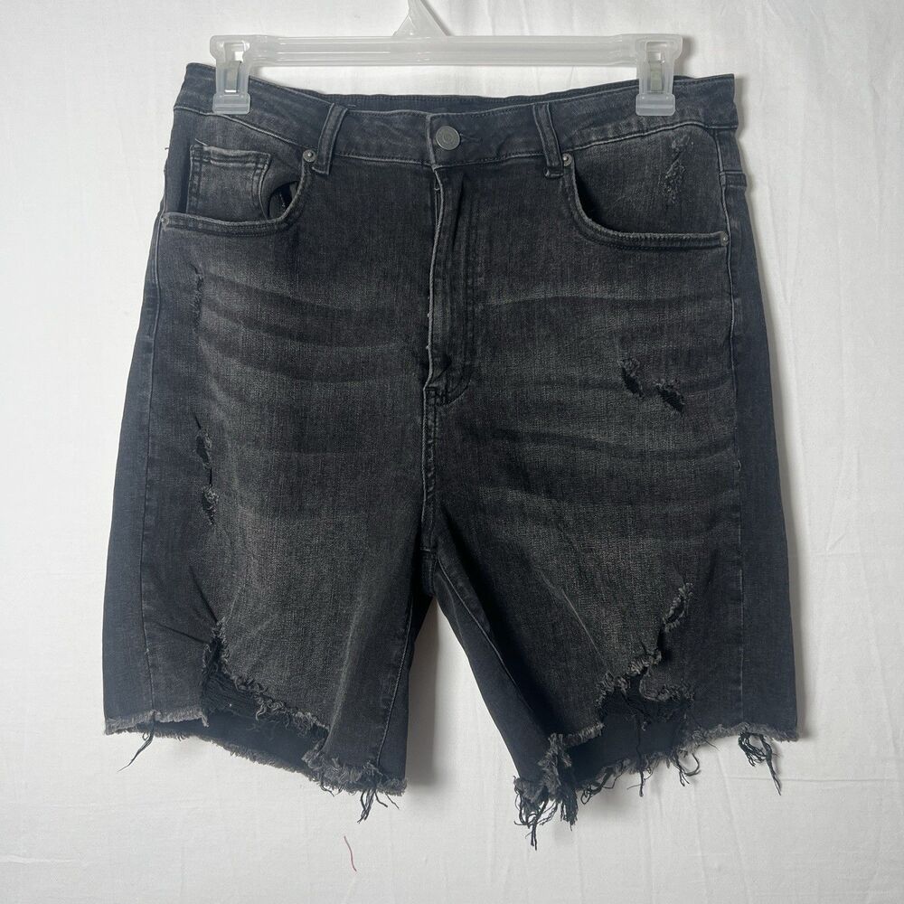 Risen Women's High Rise Black Frayed Raw Hem Distressed Denim Shorts Size 1 XL